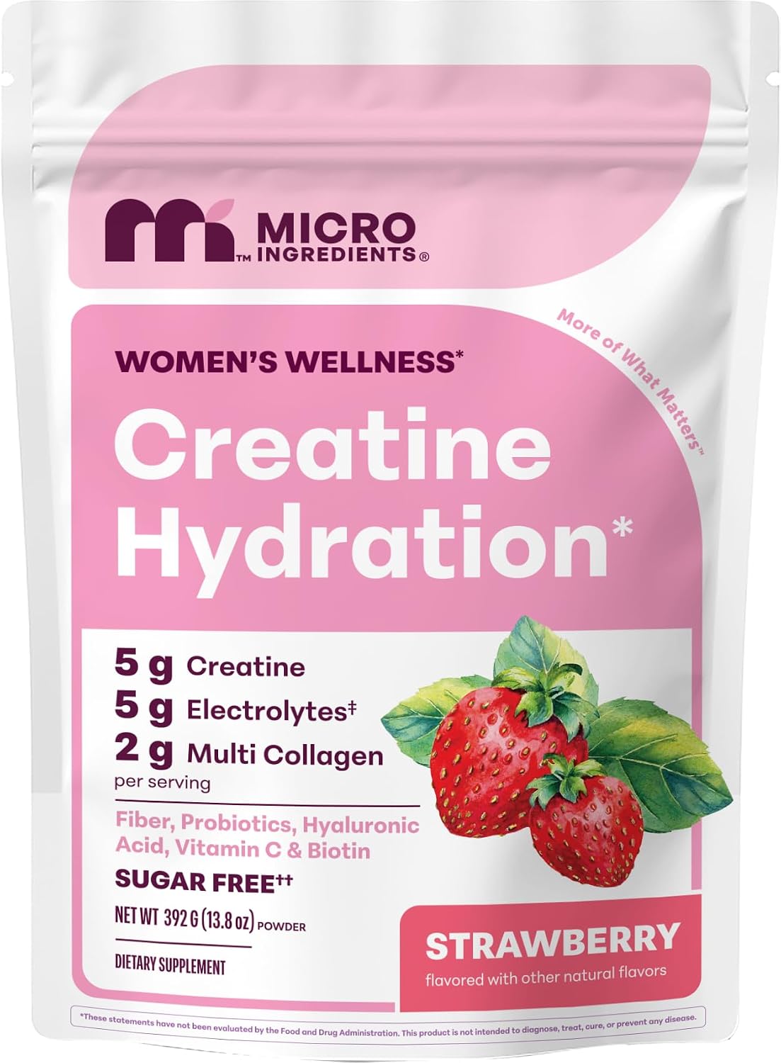 Micro Ingredients Creatine Hydration Powder for Women, Strawberry | 8-in-1 Creatine Monohydrate with Electrolytes, Multi Collagen, Biotin & Hyaluronic Acid. 30 Servings. Sugar Free, Non-GMO.