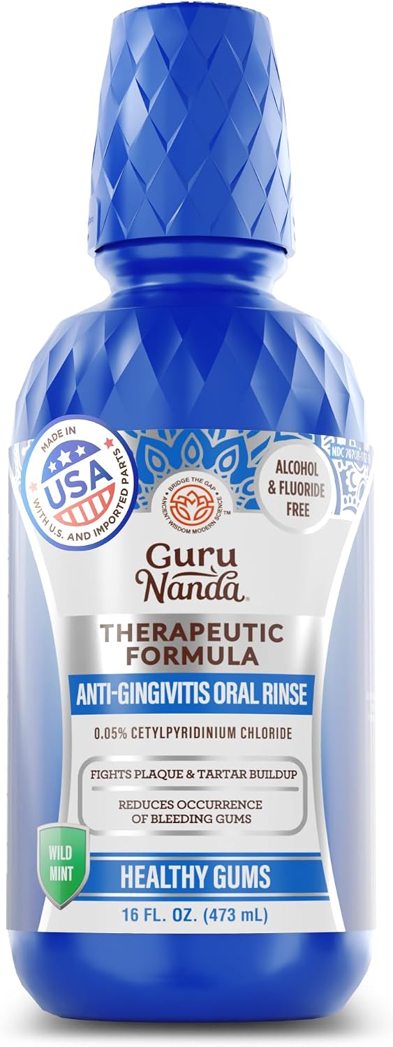 GuruNanda Healthy Gums Mouthwash for Gingivitis & Bleeding Gums – Antigingivitis Oral Rinse with 0.05% CPC – Alcohol-Free, Fluoride-Free Plaque Control – Wild Mint, 16 oz